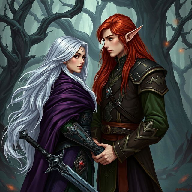 A captivating artistic depiction of a fantasy character couple, featuring a human woman and a male elf