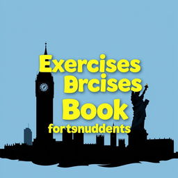 An artistic design featuring a blue and gray gradient background, showcasing striking silhouettes of Big Ben and the Statue of Liberty