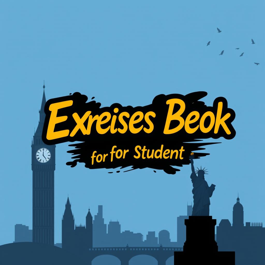 An artistic design featuring a blue and gray gradient background, showcasing striking silhouettes of Big Ben and the Statue of Liberty