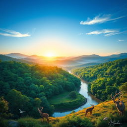 A mesmerizing depiction of the Angolo hunting reserve, showcasing its rich natural beauty with dense, vibrant green forests and gentle rolling hills under a clear blue sky