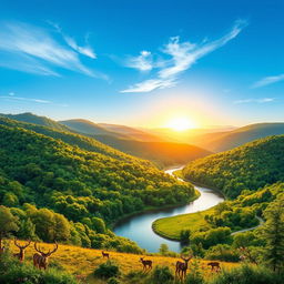A mesmerizing depiction of the Angolo hunting reserve, showcasing its rich natural beauty with dense, vibrant green forests and gentle rolling hills under a clear blue sky