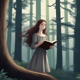 A detailed 4K image showcasing a dark, dense forest with a girl floating in the middle, holding a book