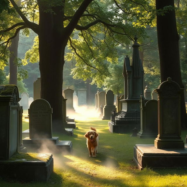 A serene cemetery nestled within a lush, green forest