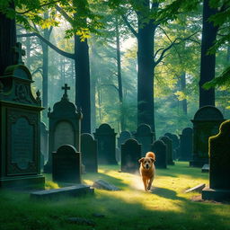A serene cemetery nestled within a lush, green forest
