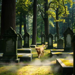 A serene cemetery nestled within a lush, green forest