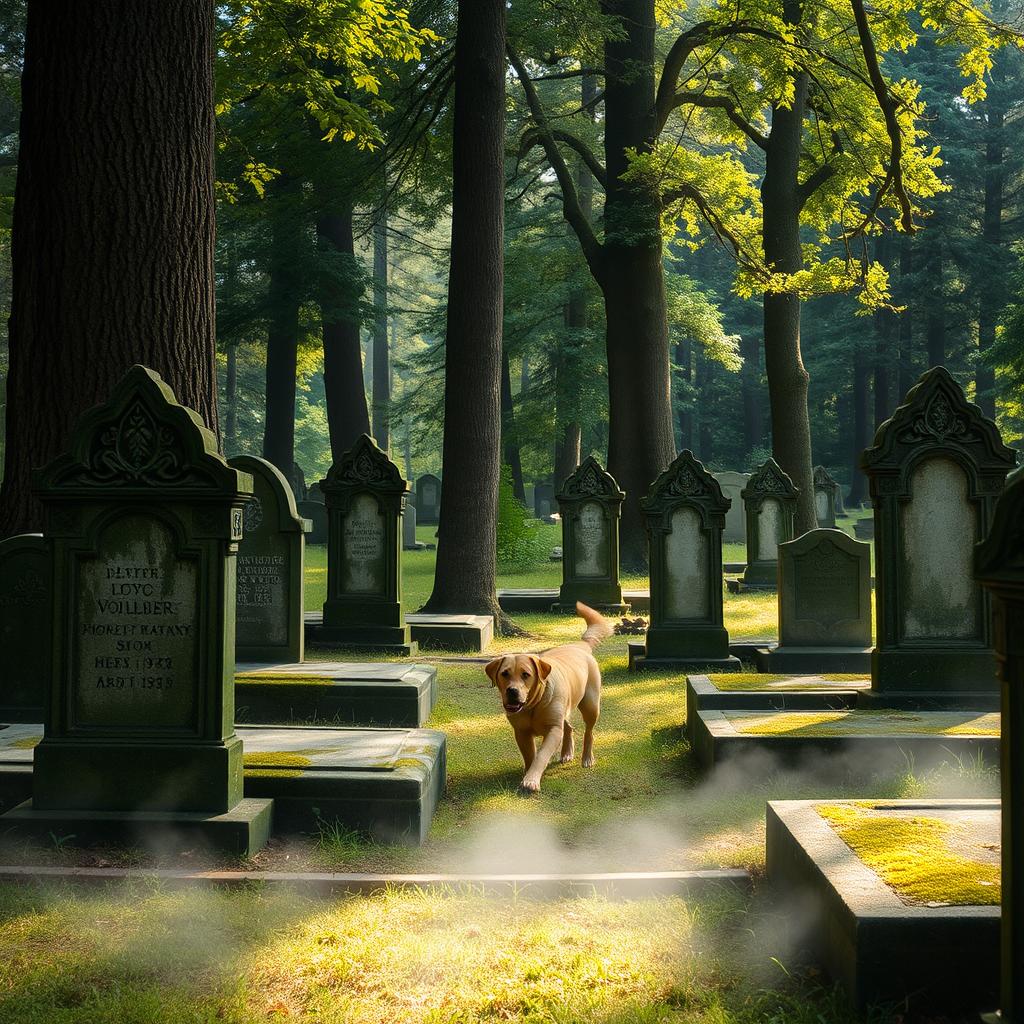 A serene cemetery nestled within a lush, green forest