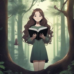 A detailed 4K image showcasing a dark, dense forest with a girl floating in the middle, holding a book