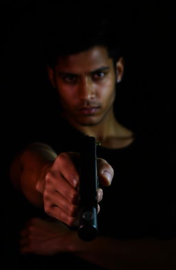 A dramatic scene set against a dark background, featuring a person confidently holding a gun