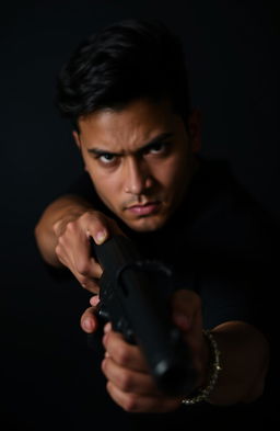 A dramatic scene set against a dark background, featuring a person confidently holding a gun