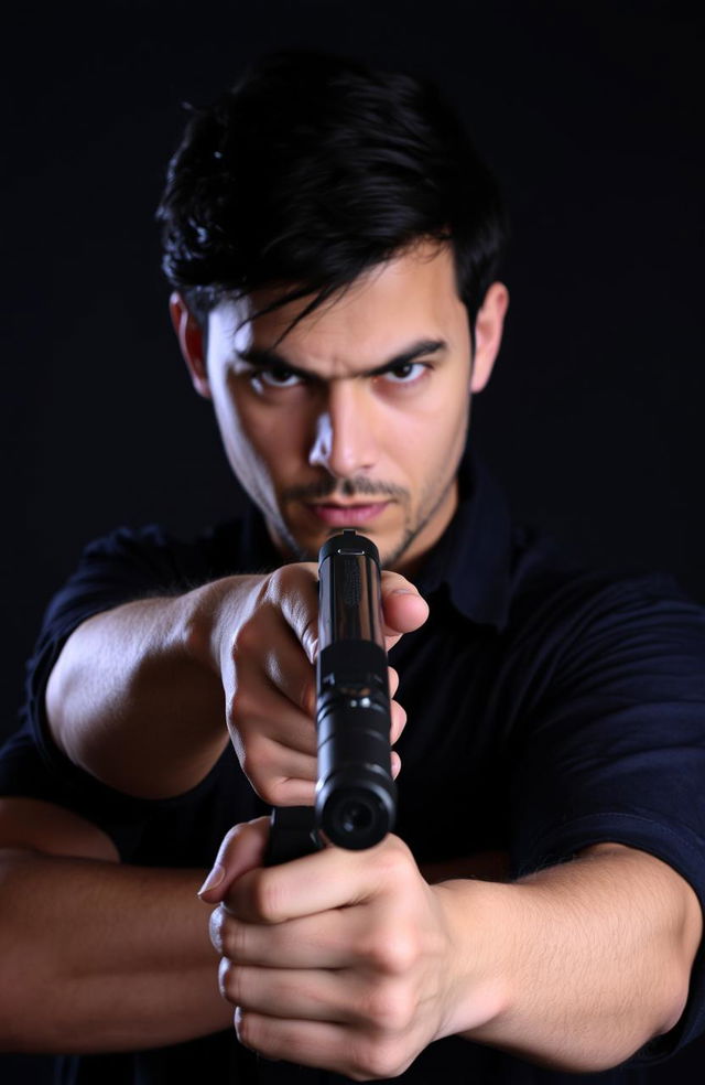 A dramatic scene set against a dark background, featuring a person confidently holding a gun