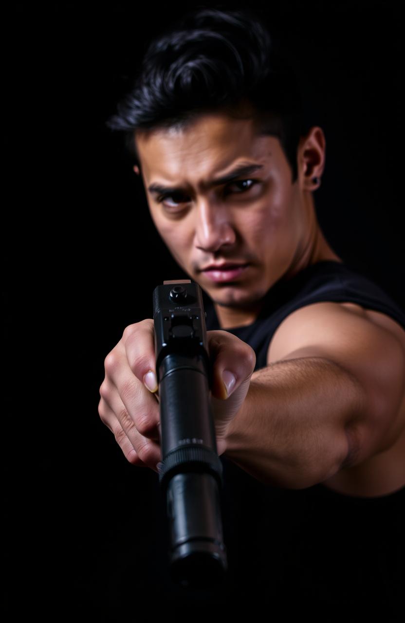 A dramatic scene set against a dark background, featuring a person confidently holding a gun