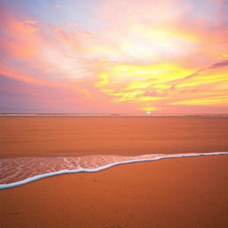 A serene landscape featuring a vast, tranquil beach during sunset