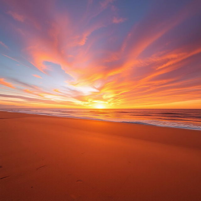 A serene landscape featuring a vast, tranquil beach during sunset