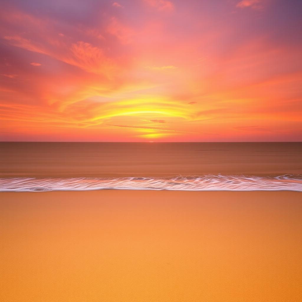 A serene landscape featuring a vast, tranquil beach during sunset