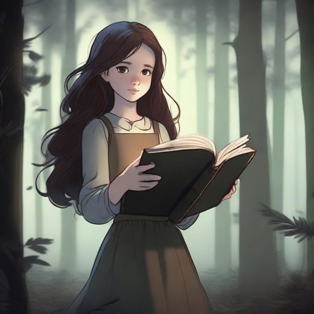 A detailed 4K image showcasing a dark, dense forest with a girl floating in the middle, holding a book