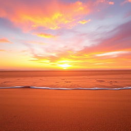 A serene landscape featuring a vast, tranquil beach during sunset