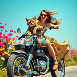 A playful and whimsical scene featuring a cat happily riding on a vintage bullet bike, with its girlfriend, a stylish woman dressed in a colorful crish dress that flows in the wind