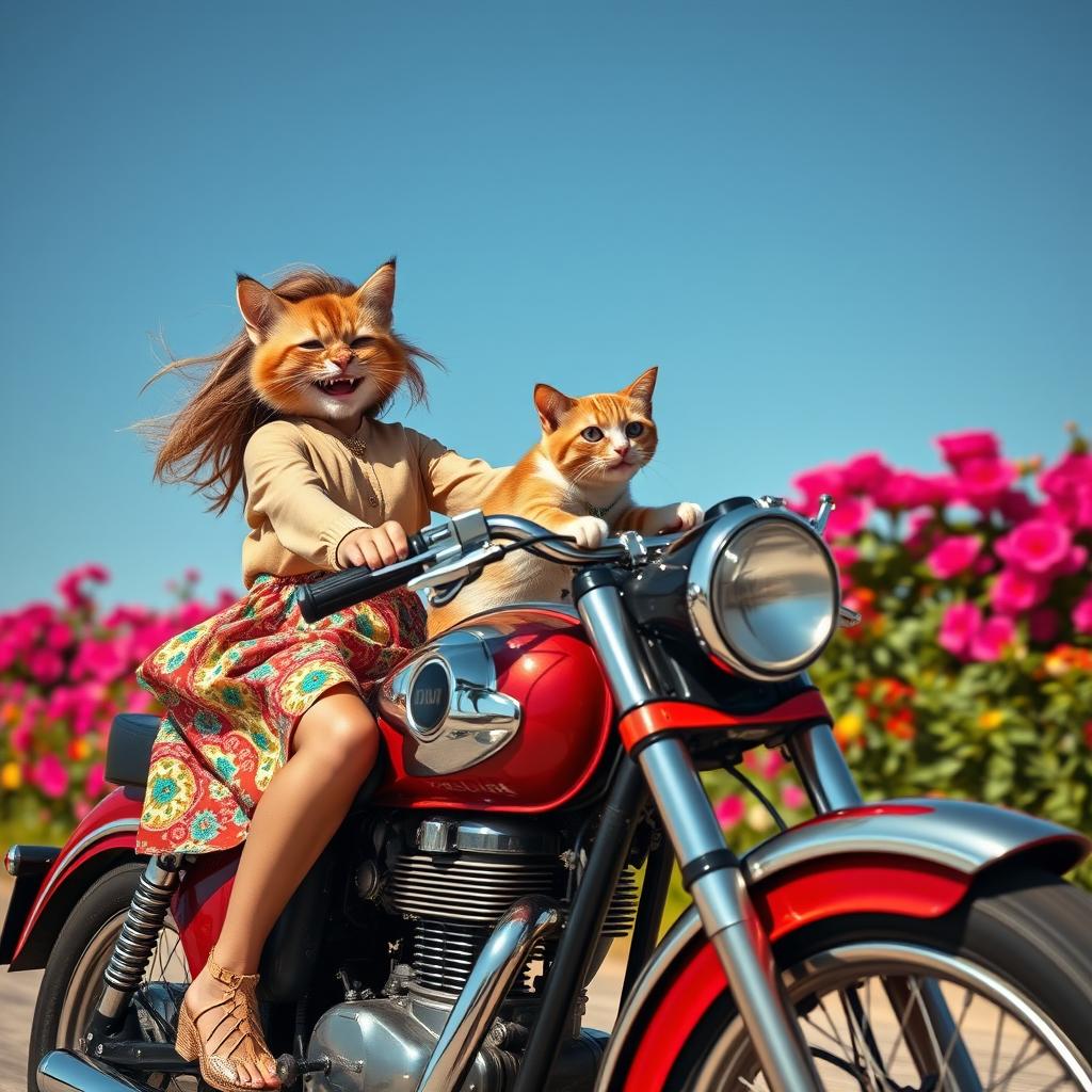 A playful and whimsical scene featuring a cat happily riding on a vintage bullet bike, with its girlfriend, a stylish woman dressed in a colorful crish dress that flows in the wind