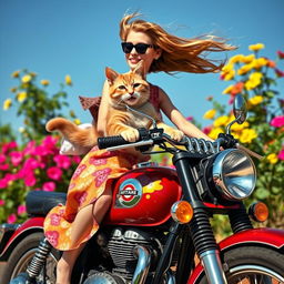 A playful and whimsical scene featuring a cat happily riding on a vintage bullet bike, with its girlfriend, a stylish woman dressed in a colorful crish dress that flows in the wind