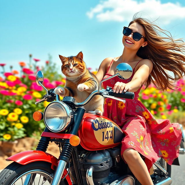 A playful and whimsical scene featuring a cat happily riding on a vintage bullet bike, with its girlfriend, a stylish woman dressed in a colorful crish dress that flows in the wind