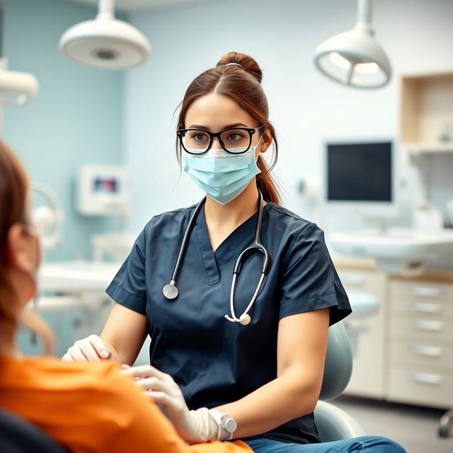 A beautiful female dentist in her modern dental clinic, examining her patients with a warm smile and professional demeanor