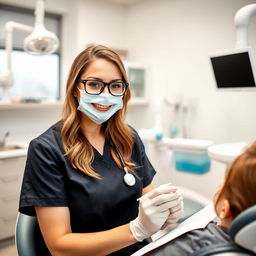 A beautiful female dentist in her modern dental clinic, examining her patients with a warm smile and professional demeanor