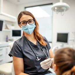 A beautiful female dentist in her modern dental clinic, examining her patients with a warm smile and professional demeanor