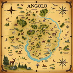 A detailed and artistic map of the Angolo hunting reserve, highlighting its key features including dense forests, winding rivers, designated hunting areas, and notable wildlife habitats