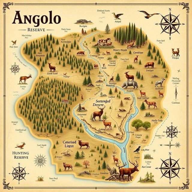 A detailed and artistic map of the Angolo hunting reserve, highlighting its key features including dense forests, winding rivers, designated hunting areas, and notable wildlife habitats