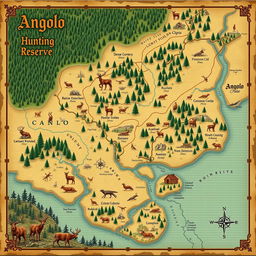 A detailed and artistic map of the Angolo hunting reserve, highlighting its key features including dense forests, winding rivers, designated hunting areas, and notable wildlife habitats