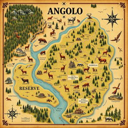 A detailed and artistic map of the Angolo hunting reserve, highlighting its key features including dense forests, winding rivers, designated hunting areas, and notable wildlife habitats