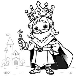 A cute and childish medieval King standing proudly, depicted in only black and white with no grey tones