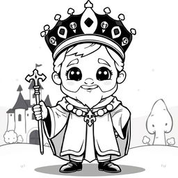 A cute and childish medieval King standing proudly, depicted in only black and white with no grey tones