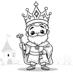 A cute and childish medieval King standing proudly, depicted in only black and white with no grey tones