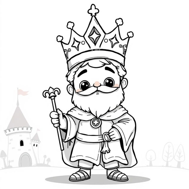 A cute and childish medieval King standing proudly, depicted in only black and white with no grey tones