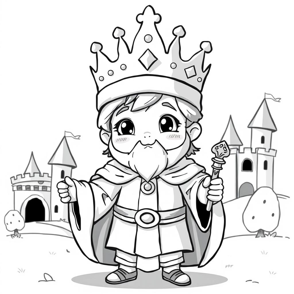 A cute and childish medieval King standing proudly, depicted in only black and white with no grey tones