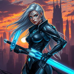 A beautifully detailed character design, featuring a futuristic warrior woman
