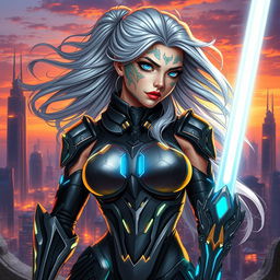 A beautifully detailed character design, featuring a futuristic warrior woman