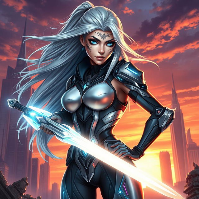 A beautifully detailed character design, featuring a futuristic warrior woman