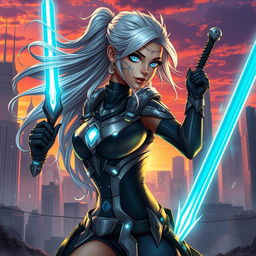 A beautifully detailed character design, featuring a futuristic warrior woman