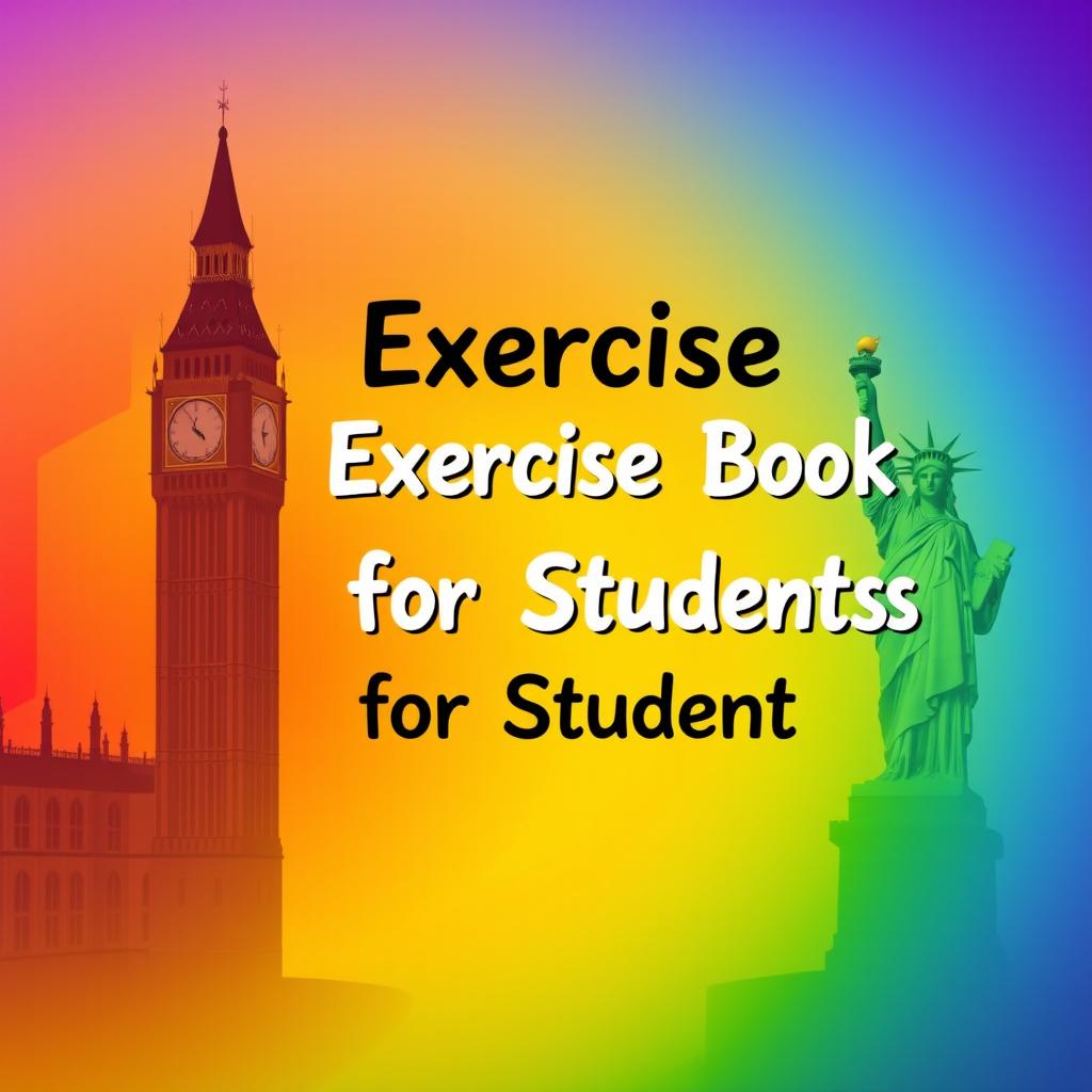 An imaginative design featuring a vibrant gaygradient background that blends rainbow colors seamlessly, showcasing the silhouettes of Big Ben and the Statue of Liberty