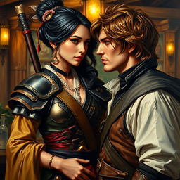 An exquisite oil painting of a fantasy character couple, depicting a 24-year-old Japanese pirate-samurai with glossy black hair and enchanting dark hazel eyes