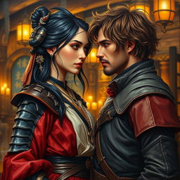 An exquisite oil painting of a fantasy character couple, depicting a 24-year-old Japanese pirate-samurai with glossy black hair and enchanting dark hazel eyes