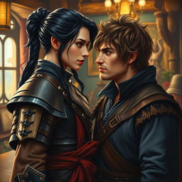 An exquisite oil painting of a fantasy character couple, depicting a 24-year-old Japanese pirate-samurai with glossy black hair and enchanting dark hazel eyes