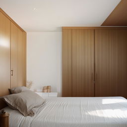 A minimalist bedroom featuring elegant wooden furniture against pristine white walls, bathed in soft, natural light.