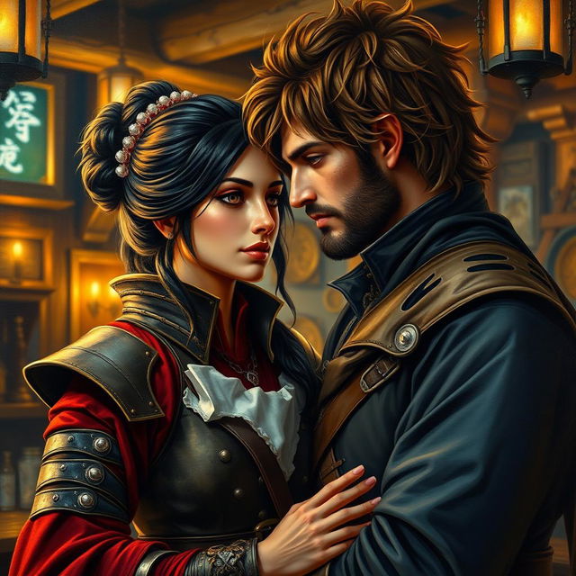 An exquisite oil painting of a fantasy character couple, depicting a 24-year-old Japanese pirate-samurai with glossy black hair and enchanting dark hazel eyes