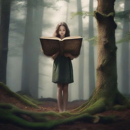 An ultra-realistic 4K image featuring a dark, dense forest with a girl levitating in the center, holding a book