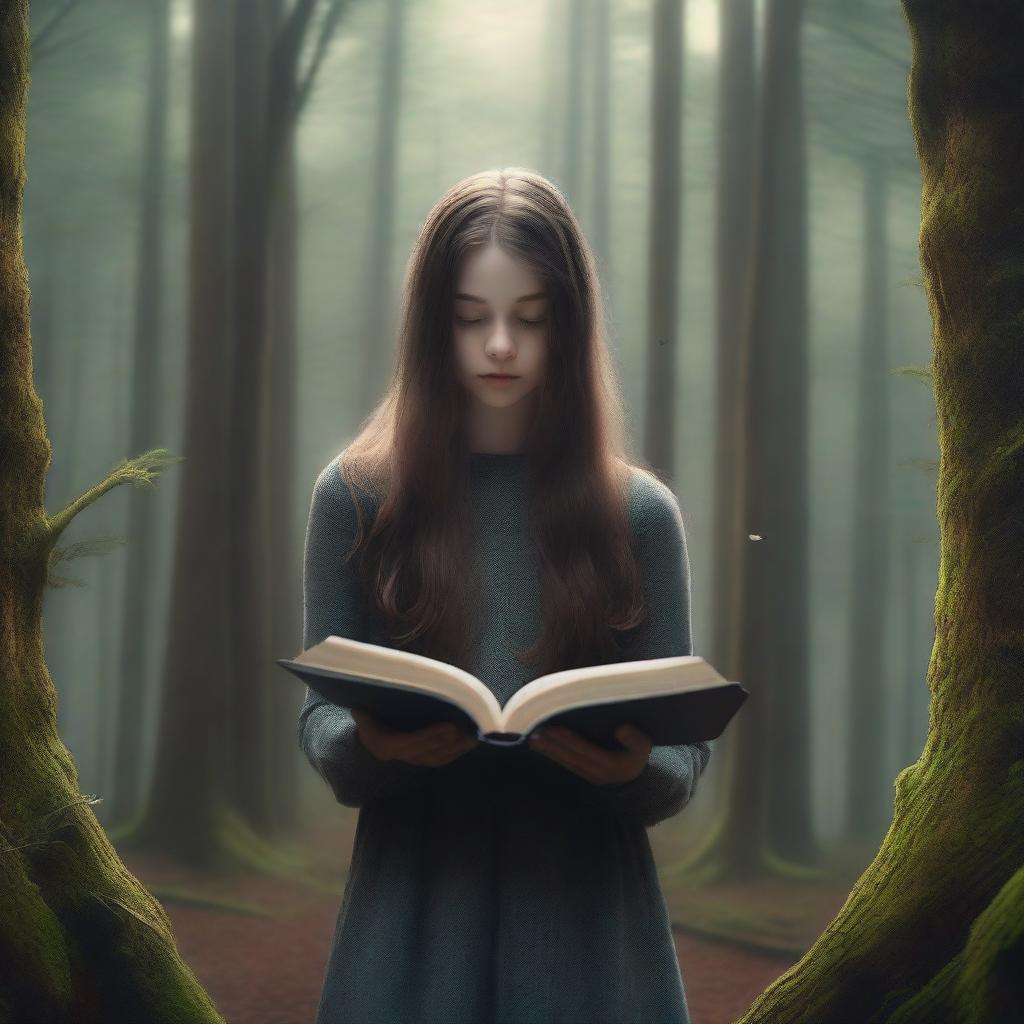 An ultra-realistic 4K image featuring a dark, dense forest with a girl levitating in the center, holding a book