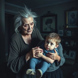 A chilling scene featuring an old woman with an unsettling expression, attempting to take a one-year-old boy from his mother