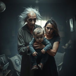 A chilling scene featuring an old woman with an unsettling expression, attempting to take a one-year-old boy from his mother